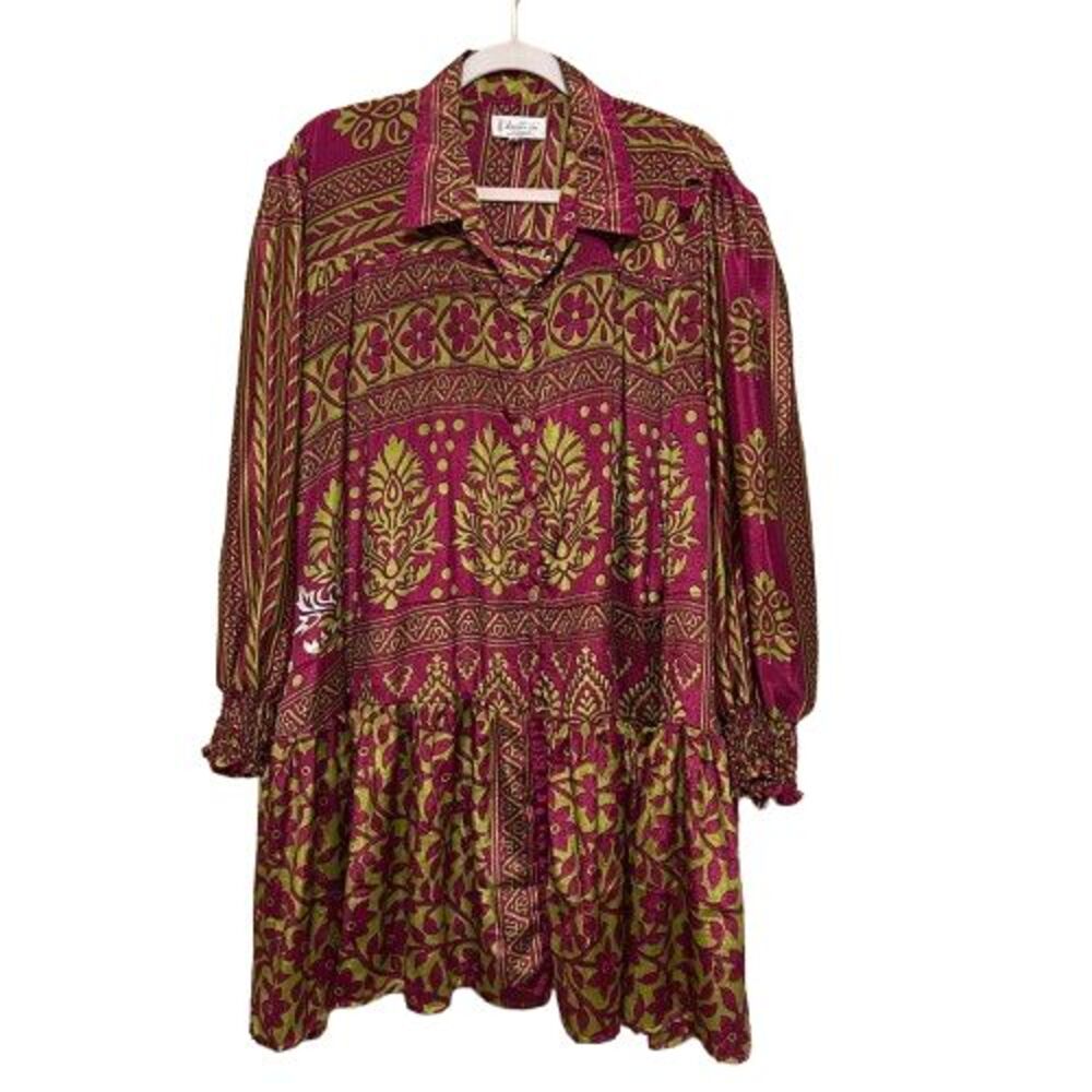 Kantha Bae Button Front Shift Kaftan Midi Dress Free Size Boho Lagenlook Floral